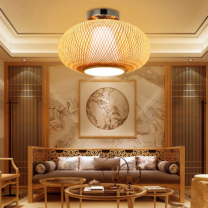 Round Ceiling Mount Light Fixture Asia Bamboo Beige Semi Flush Light