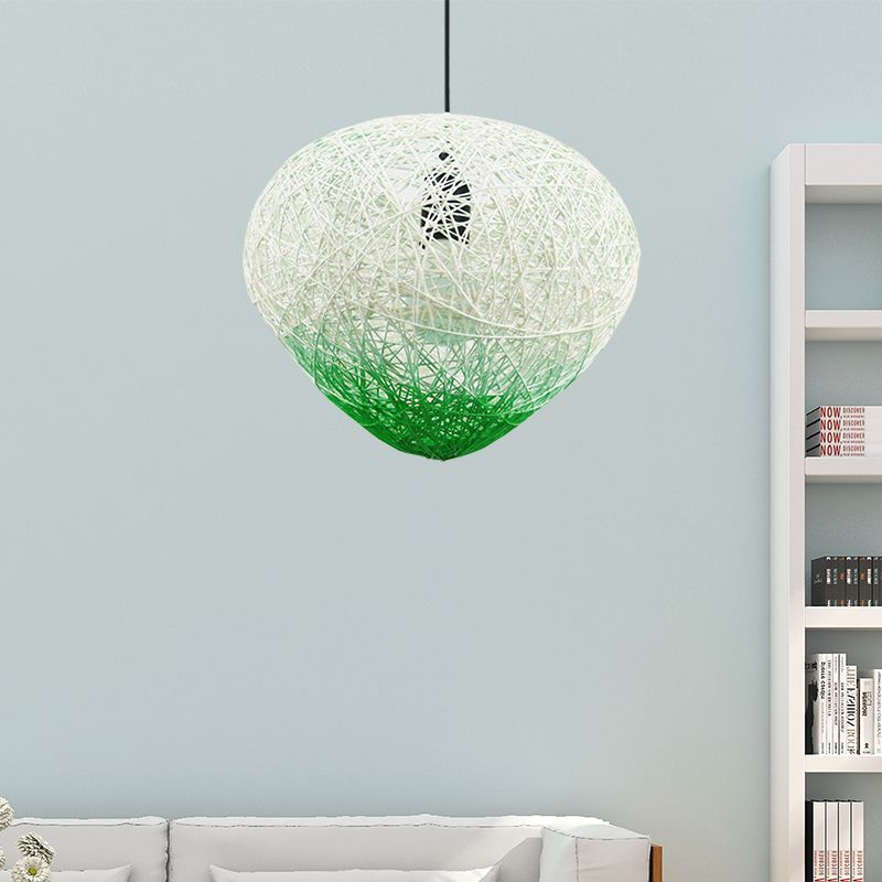 Woven Rattan Bird Nest Hanging Lamp Modern Single Bulb Restaurant Drop Light in Green/Red