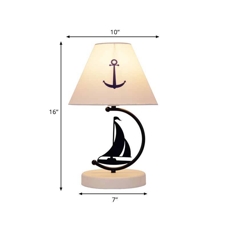 Mediterranean Sailboat Table Light Metal Single Bedside Nightstand Lamp in Black with Conical White Fabric Shade