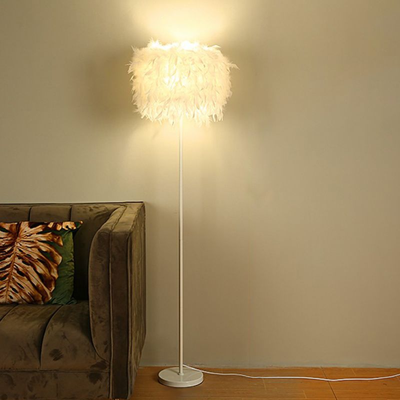 Drum Shade Standing Light Minimalistic Feather 1 Bulb Living Room Floor Lamp in White