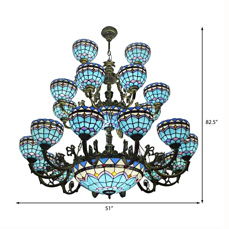 Tiffany Bowl Chandelier 3 Tiers Upward Lighting Bedroom Living Room Hanging Lighting in Bronze Finish