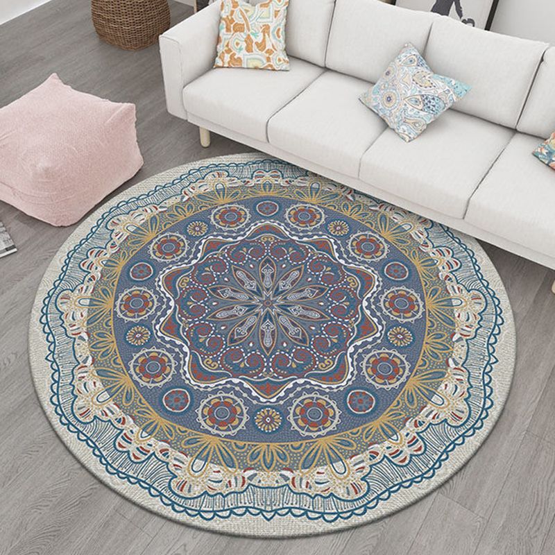 Blue Living Room Area Carpet Bohemian Americana Pattern Rug Polyester Stain Resistant Area Rug