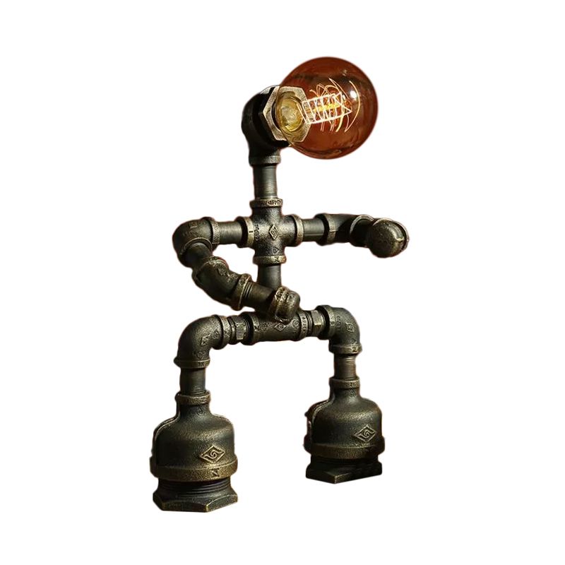 Iron Pipe Robot Night Table Light Cyberpunk Single-Bulb Boys Room Nightstand Lamp in Brass/Copper