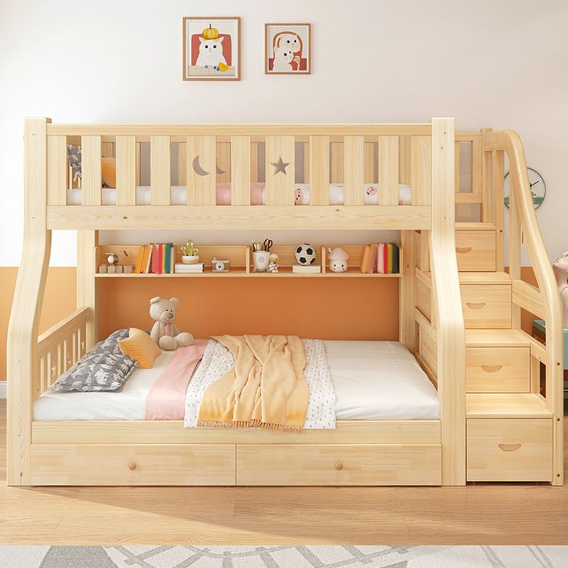 Natural Pine Wood Bunk Bed Solid Wood Loft Bed with Mattress and Guardrails