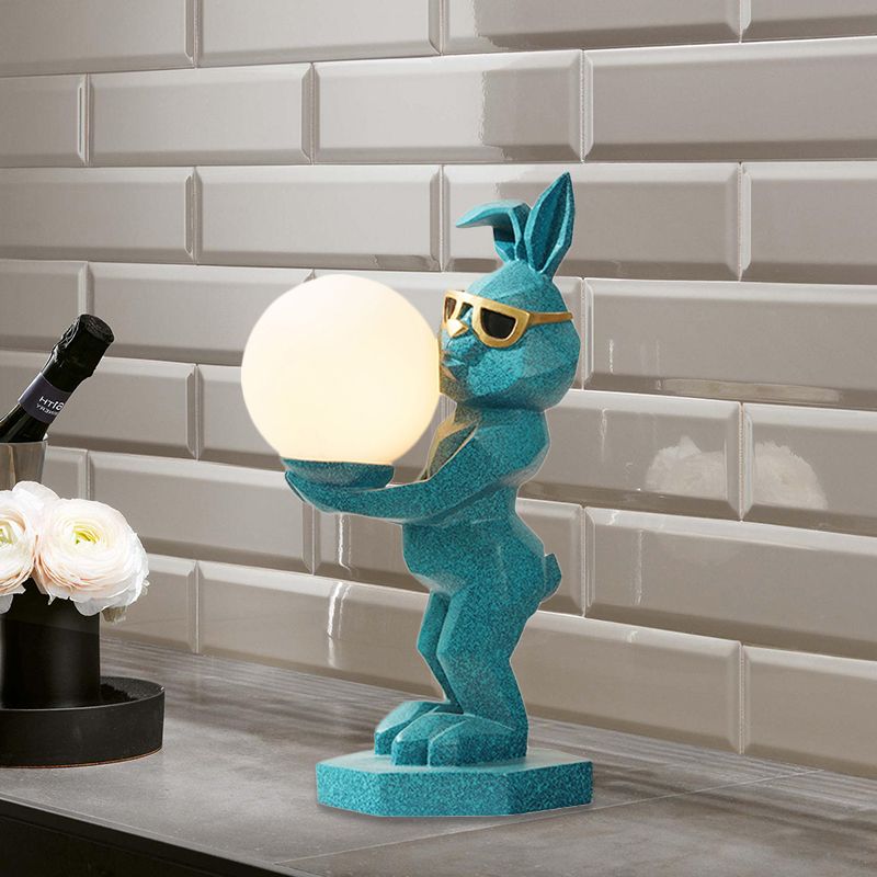 Cartoon Dog/Rabbit/Unicorn Night Light Resin LED Bedroom Table Lamp in Pink/Black/Grey with Globe Opal Glass Shade