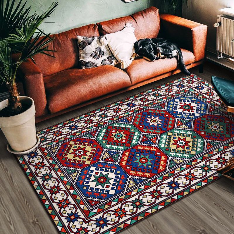 Red Living Room Area Carpet Bohemian Americana Pattern Rug Polyester Non-Slip Area Rug