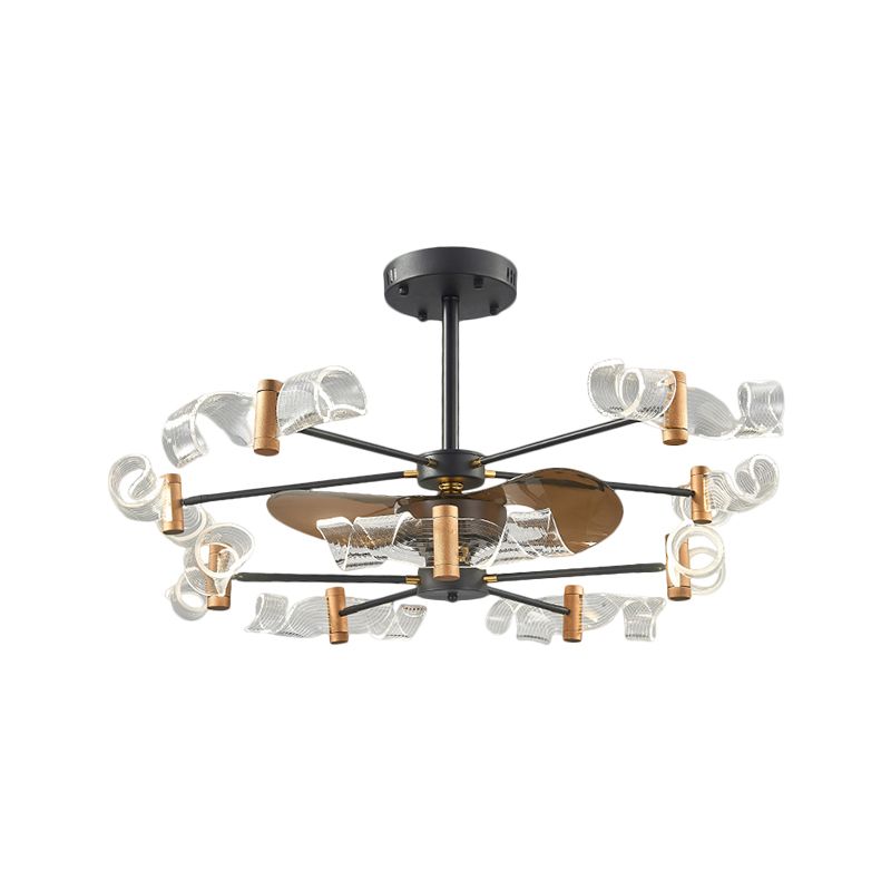 Acrylic Swirling Semi Flush Light Modernist 10 Lights 39" W Hanging Fan Lamp with 3 Brown Blades in Black