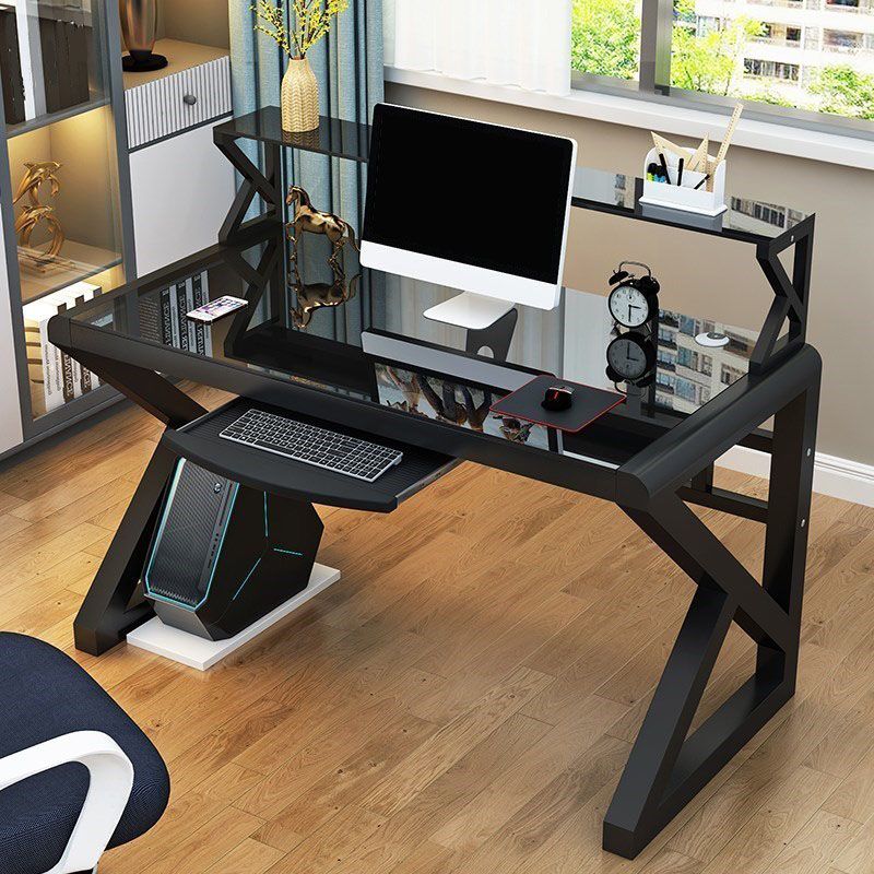 Contemporary Glass Computer Desk Cable Management Rectangular Gaming Desk