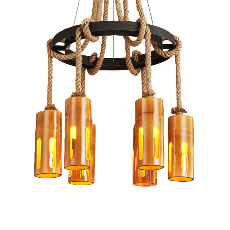 Bamboo Chandelier Lamp Lodge Style Multi Lights Pendant Lighting with Hanging Rope