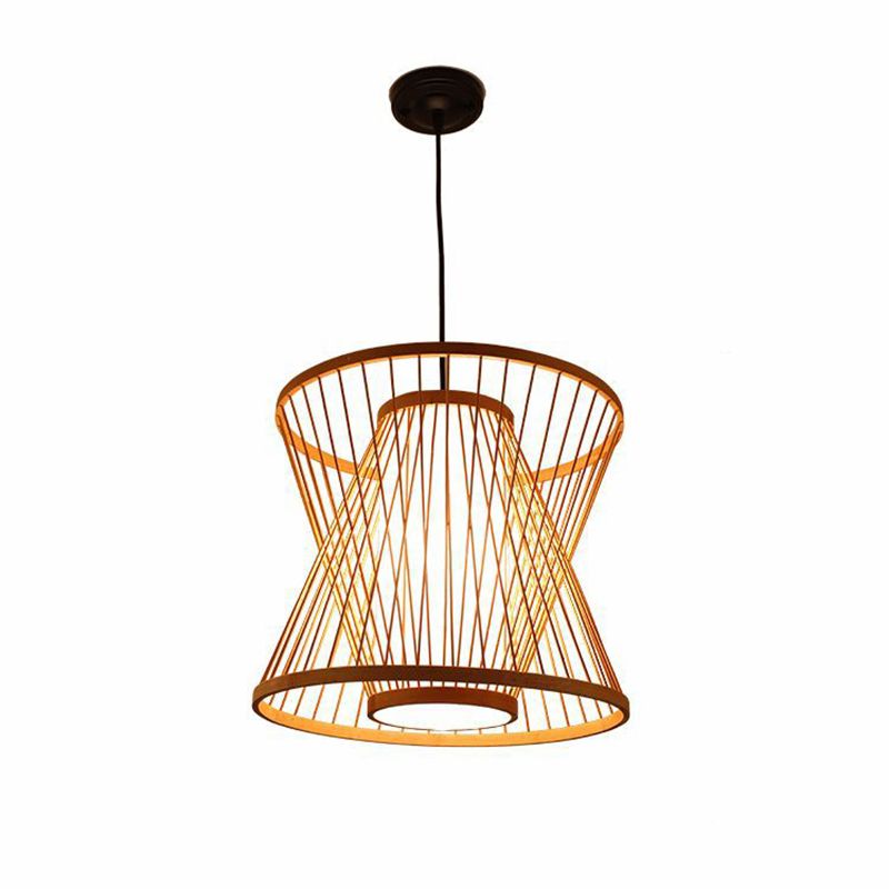 Wood Hourglass Shaded Suspension Light Simplicity 1-Light Bamboo Pendant Light Fixture