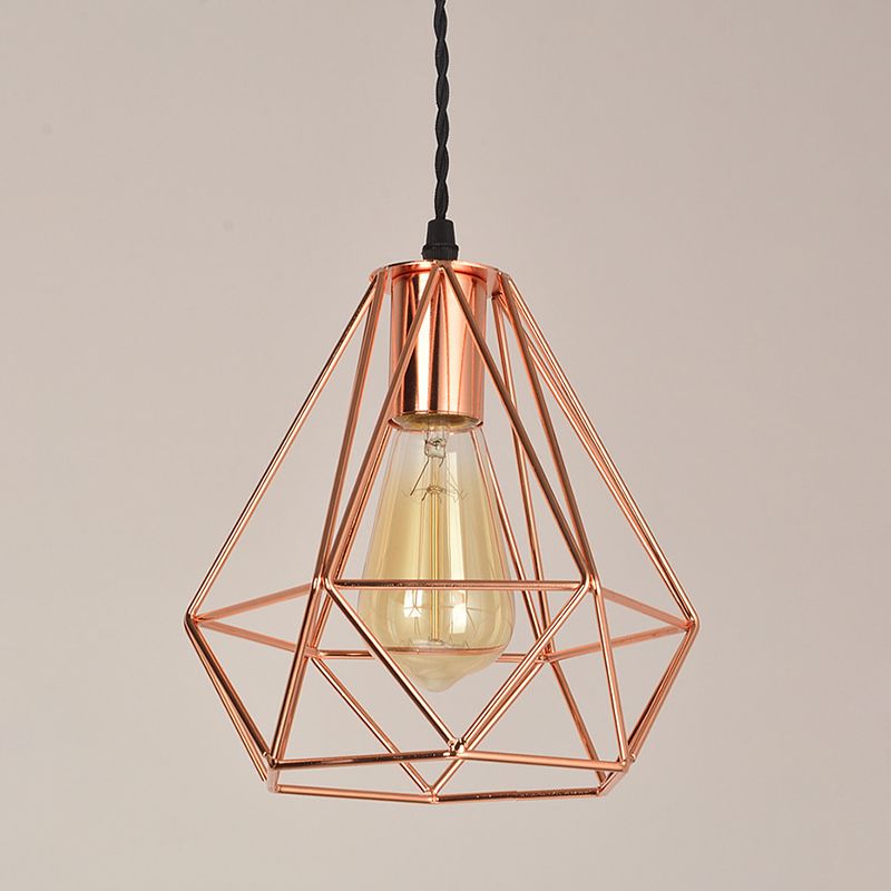 Diamond Cage Hanging Ceiling Light Simple Metal Dinning Room Pendant Lighting in Copper