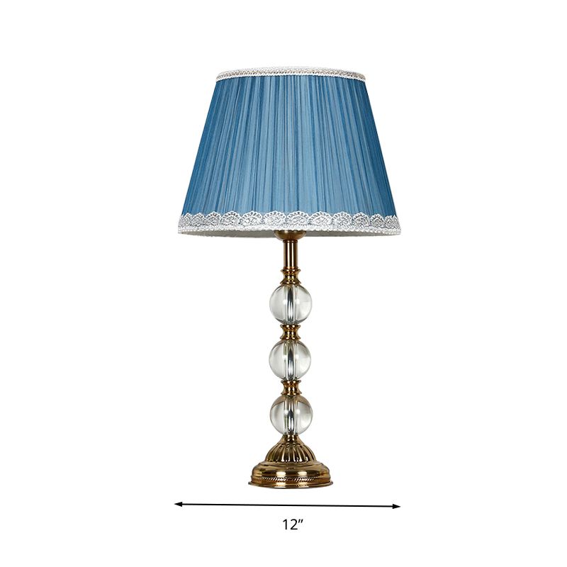 Classic Pleated Shade Night Table Light 1 Light Fabric Nightstand Lamp in Blue for Bedroom with Crystal Deco