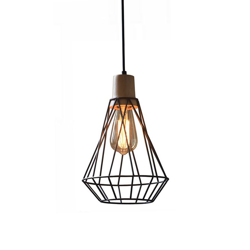 12"/13" H 1-Light Pendant Light Fixture Modern Geometric Wire Cage Iron Pendant Lamp with Wooden Top in Black for Bedroom