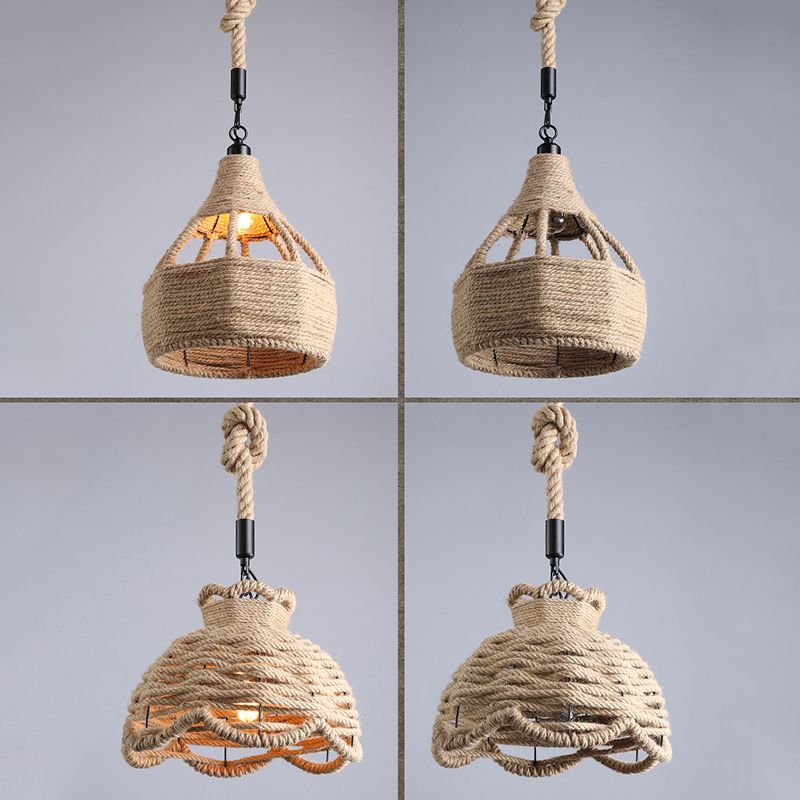 Beige Shade Pendant Lighting Fixture Warehouse Style Rope 1-Light Restaurant Suspension Light