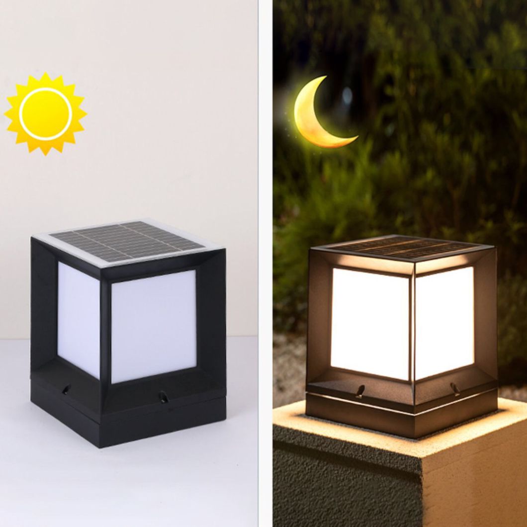 Solar Outdoor Lights Black Aluminum Pillar Lamp with Acrylic Shade for Garden