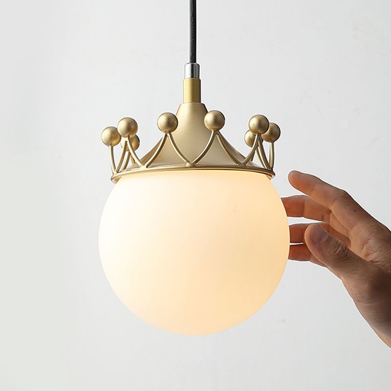 1-Light Luxury Style Hanging Light, White Glass Globe Pendant Light Fixture with Crown