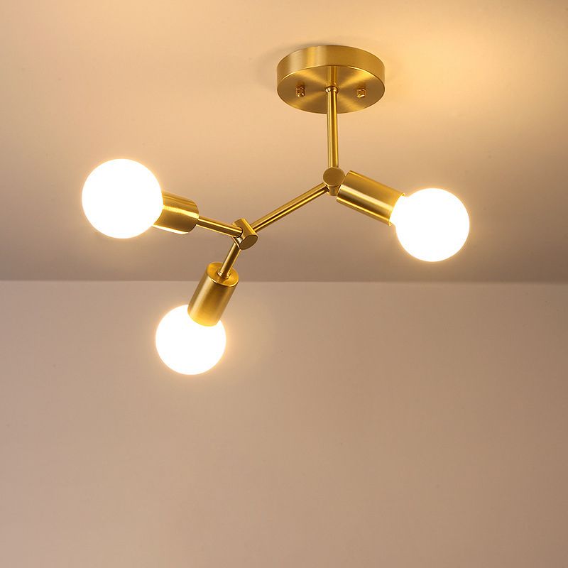 Metal Exposed Bulb Semi Flush Mount Light Loft Bedroom Ceiling Mount Light Fixture in Gold