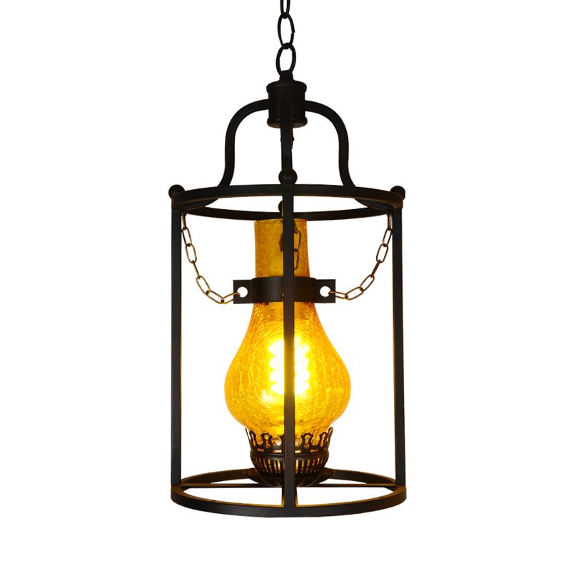 Black Cylinder Cage Shade Pendant Light Vintage Metal 1 Light Dining Room Hanging Lamp