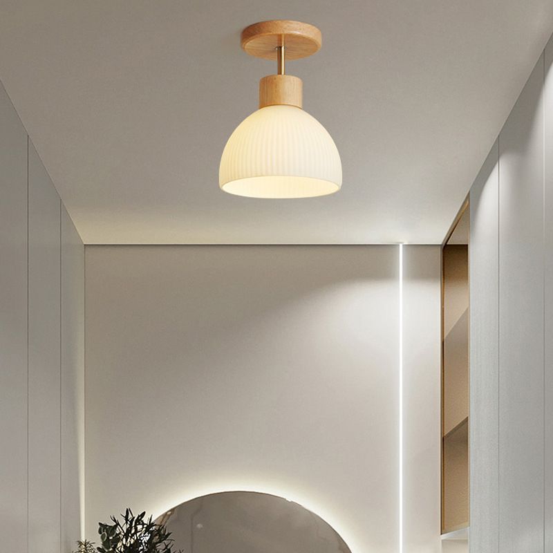 Glass Shaded Ceiling Light Modernism Wood Flush Mount Lighting for Home