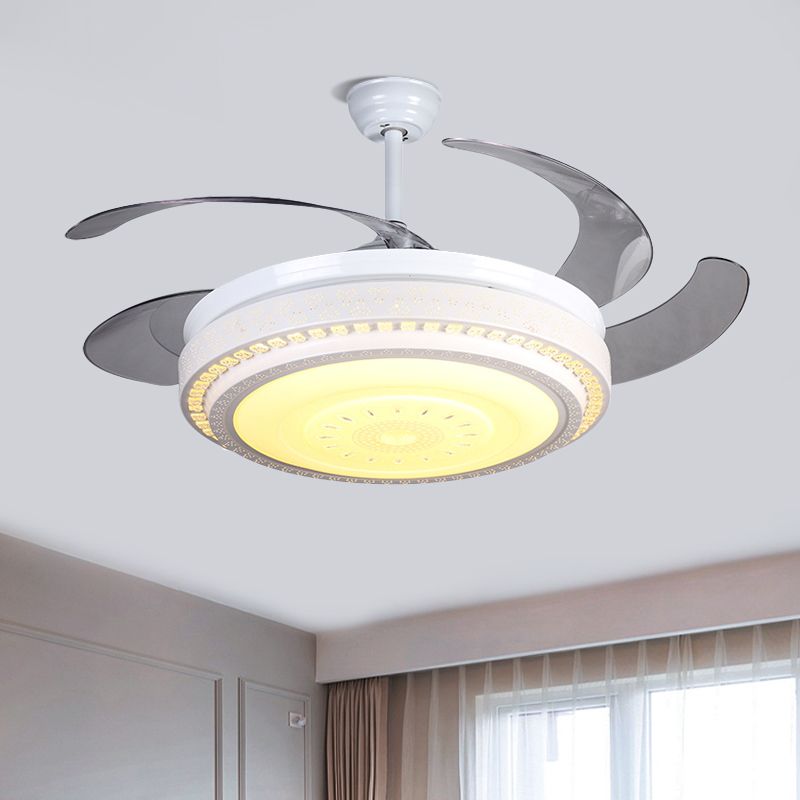 4 Blades White LED Ceiling Fan Light Modern Faceted Crystals Circular Semi Flushmount, 52" Wide