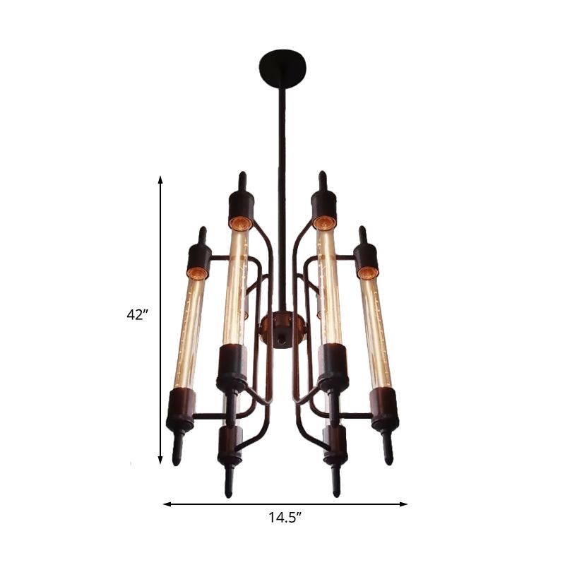 6 lichten lineair hangend licht met kale lamp boerderij zwarte metalen hanger lamp voor restaurant