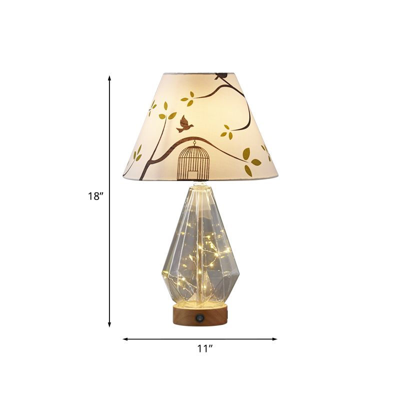 Clear Glass Urn/Diamond Night Lamp Contemporary 1-Bulb Bedroom Table Light with Cone Printing Fabric Shade