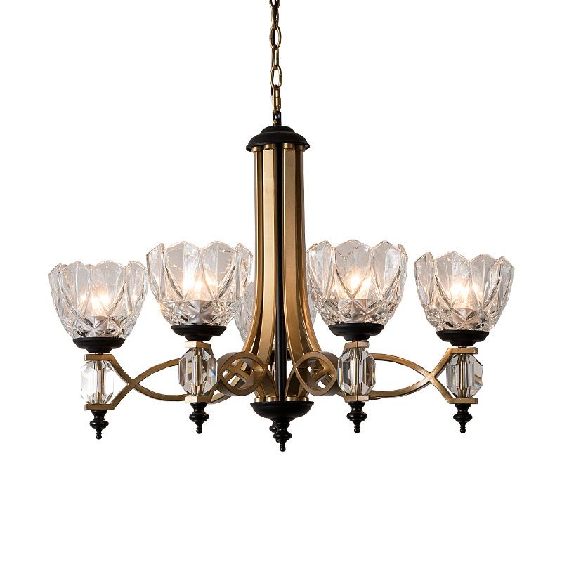 Modern 5 Heads Chandelier Lighting Brass Dome Pendant Light Fixture with Clear Glass Shade