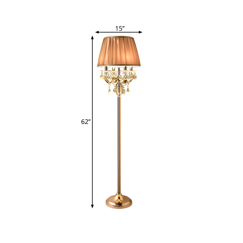 Traditional Candle Standing Lamp 4 Heads Crystal Raindrops Floor Light in Gold with Coffee Pleated Shade