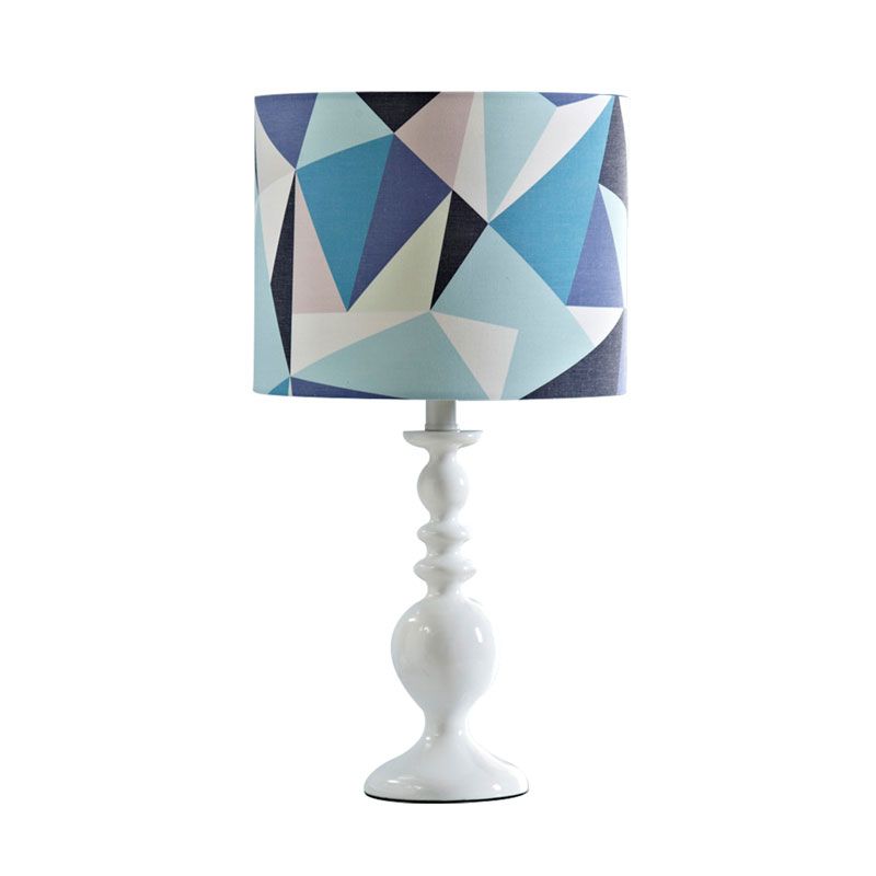 Drum Shade Night Table Light Kids Fabric 1 Head Pink/Blue Nightstand Lamp with Geometric Pattern