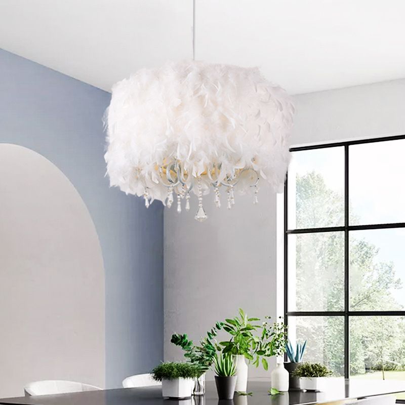 5 Lights Dining Room Chandelier Nordic White Hanging Pendant with Drum Feather Shade and Teardrop Crystal