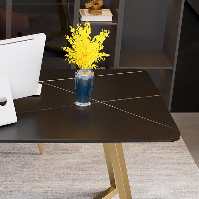 Curved Glam Office Desk Stone and Metal Writing Desk in Black and White