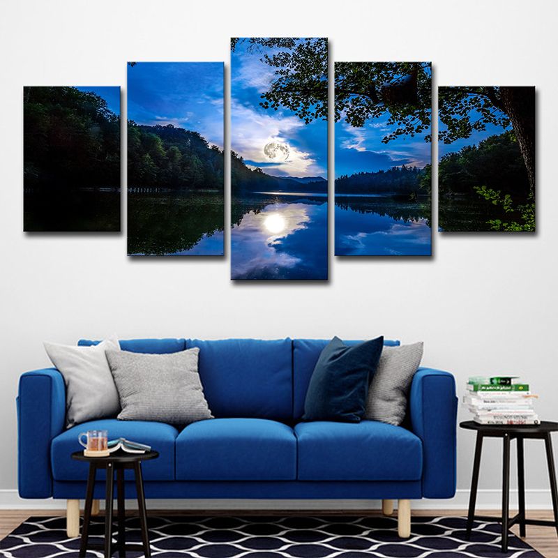 Rustic Night Scenery Wall Art Blue Lake Reflection of Moon and Forest Canvas Print