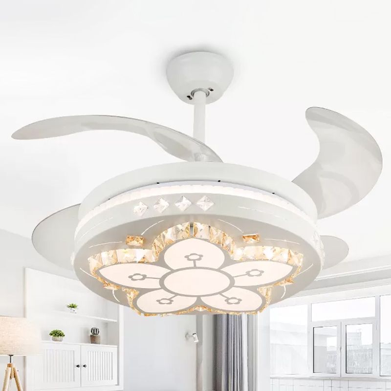 19" Wide Flower Pendant Fan Light Fixture Modern Living Room LED Semi Flush Mount Lighting in White with 4 Blades