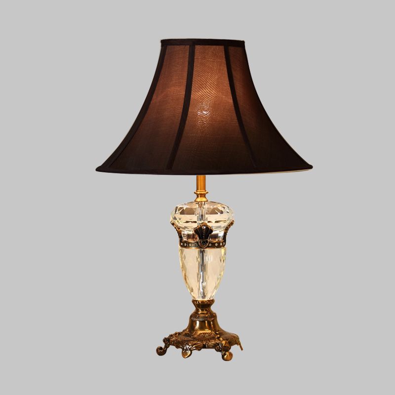 Single Head Table Light Rural Urn Crystal Nightstand Lamp in Brown with Cone Fabric Shade