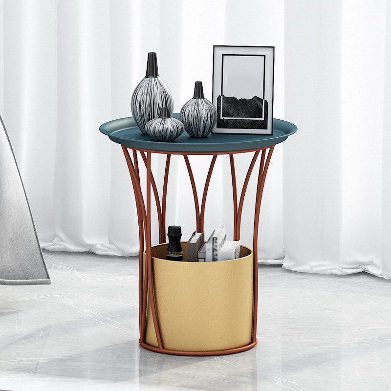 Iron Pedestal Side Table Round Tray Top Side End Table with Storage