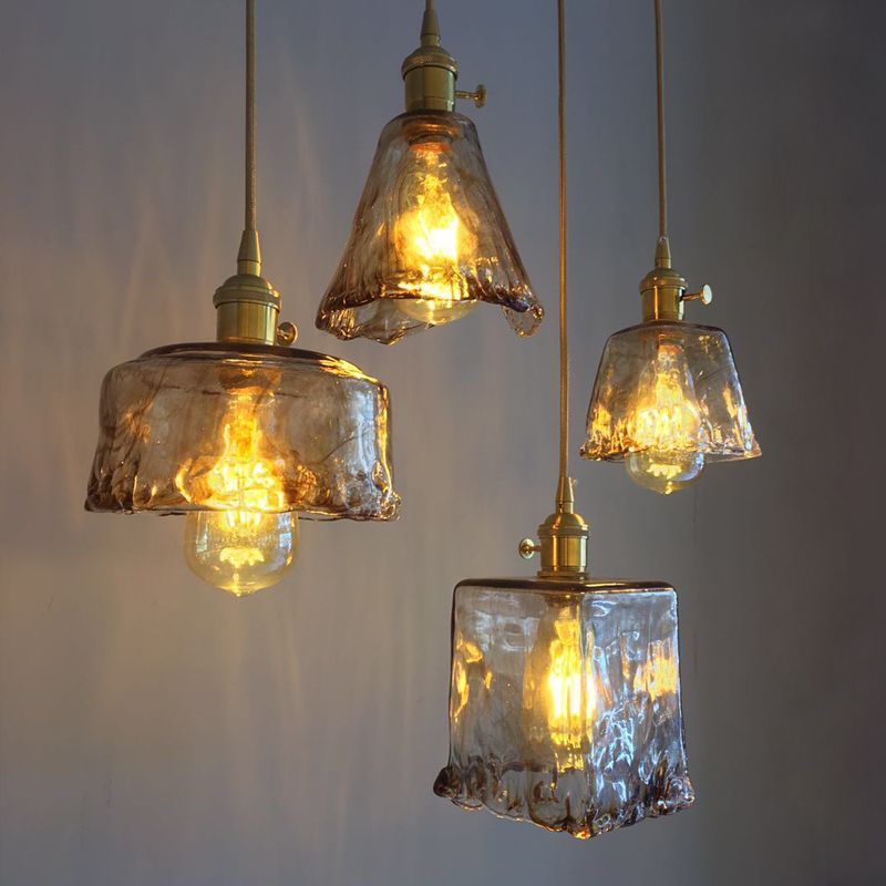 Antique Shaded Pendant Light 1-Light Brown Glass Hanging Light in Brass for Dining Room