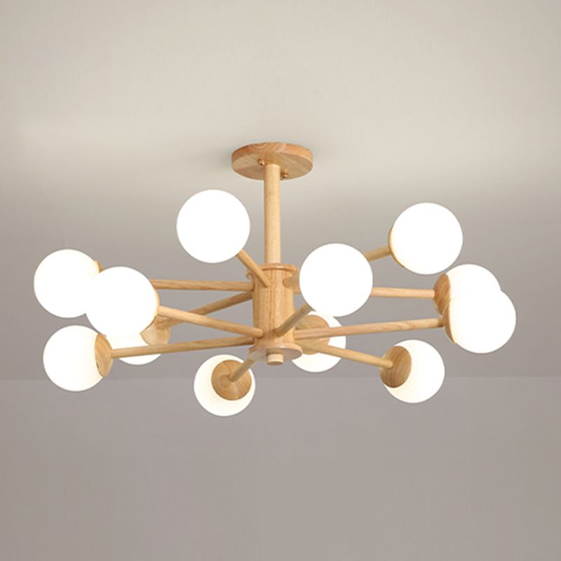 Simplicité moderne Globe Chandelier Pendante intérieure en bois avec teinte en verre blanc