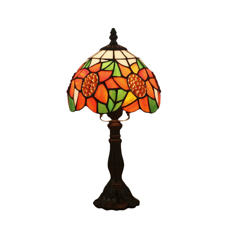 1 Light Bedroom Nightstand Light Mediterranean Bronze Sunflower Patterned Night Lighting with Bowl Stained Glass Shade