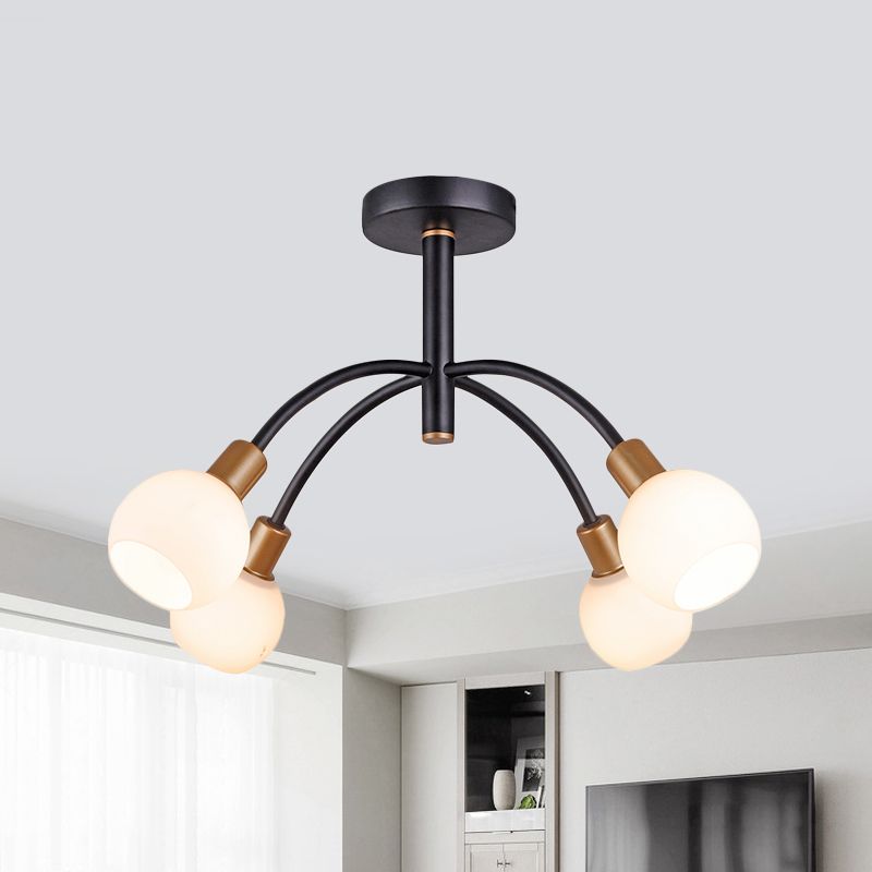 Modo Opal Glass Semi Flush Lighting Minimalism 4/6 Bulbs Black Flush Ceiling Lamp with Arced Arm