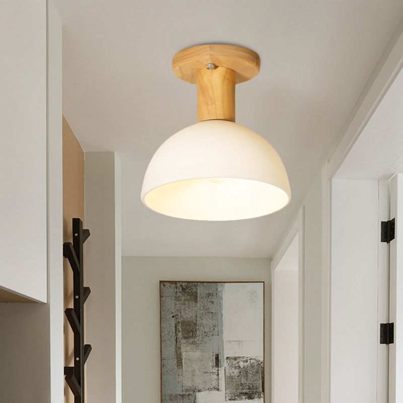 Wood Dome Semi Flush Mounted Light Simple 1 Bulb White Glass Ceiling Lamp Fixture for Corridor