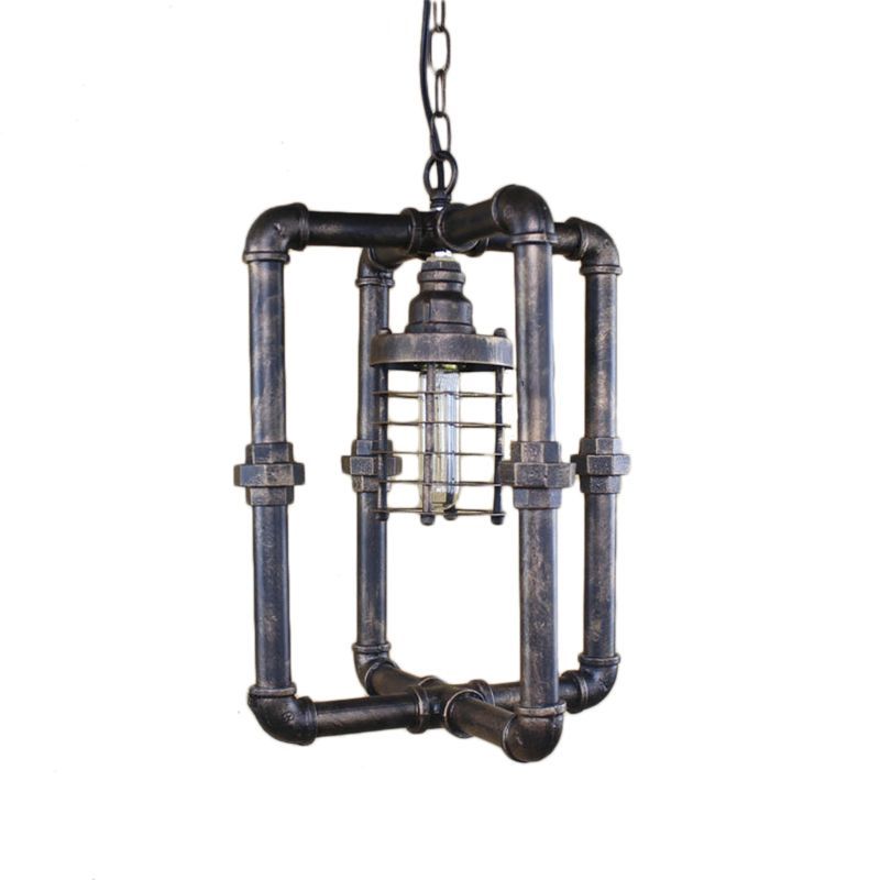 Rust Cylinder Cage Hanging Lighting Industrial Iron 1 Bulb Indoor Ceiling Light Fixture with Rectangular Pipe