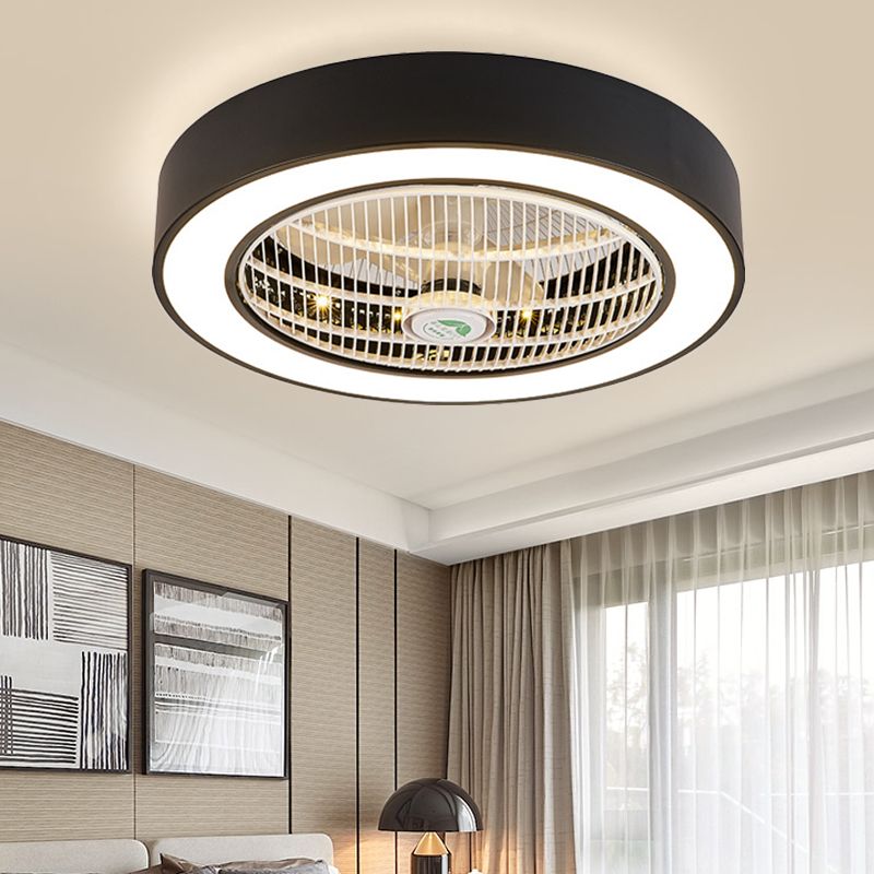 23.5" W LED Drum Fan Light Fixture Minimalist White/Black Finish Metallic 6 Blades Semi Flush Mounted Lamp for Bedroom