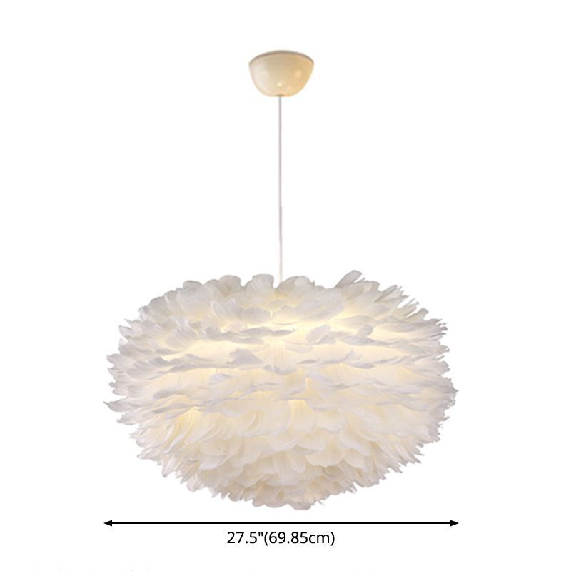 White Globe Shaped Hanging Chandelier Nordic Style Feather Suspended Lighting Fixture