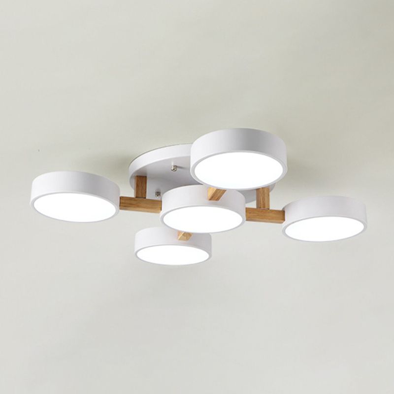 LED Nordic Creative Semi Flush Mount Ceiling Light Circle Shade Wooden Ceiling Mounted Light for Bedroom