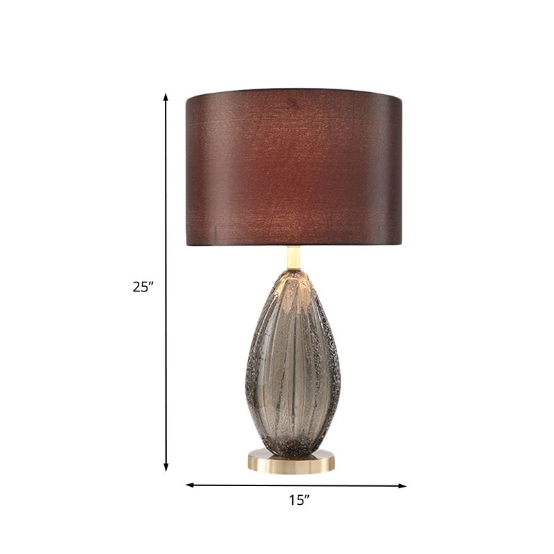 Teardrop Crystal Table Light Contemporary 1-Head Black Desk Lamp with Drum Red Brown Fabric Shade