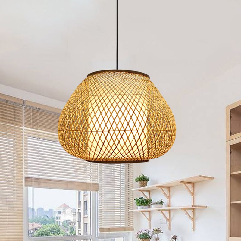 Luce a sospensione per pera Bamboo cinese 1 lampadina BEIGE Apparecchio di illuminazione sospesa per soggiorno