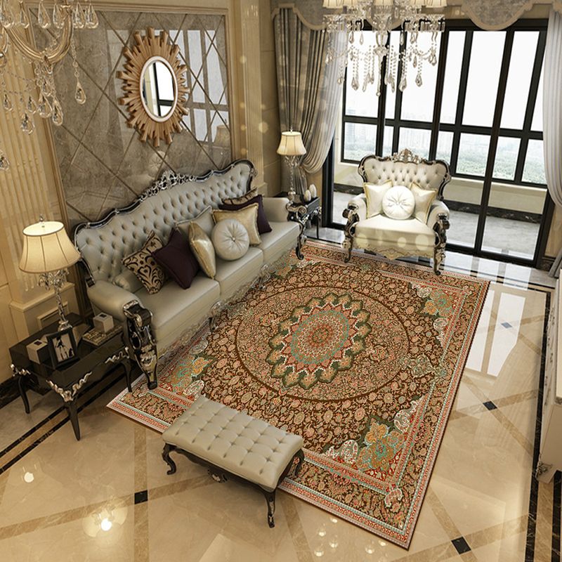 Shabby Chic Tribal Pattern Carpet Brown Polyester Area Rug Non-Slip Backing Rug for Home Decor