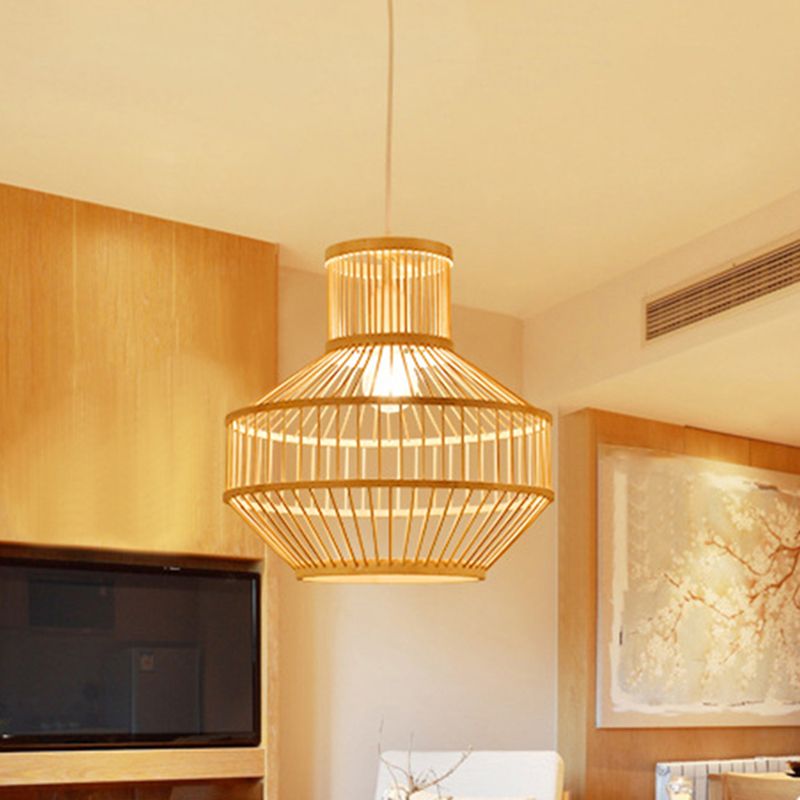 1 Light Dining Room Drop Pendant Modern Beige Ceiling Lamp with Round Bamboo Shade