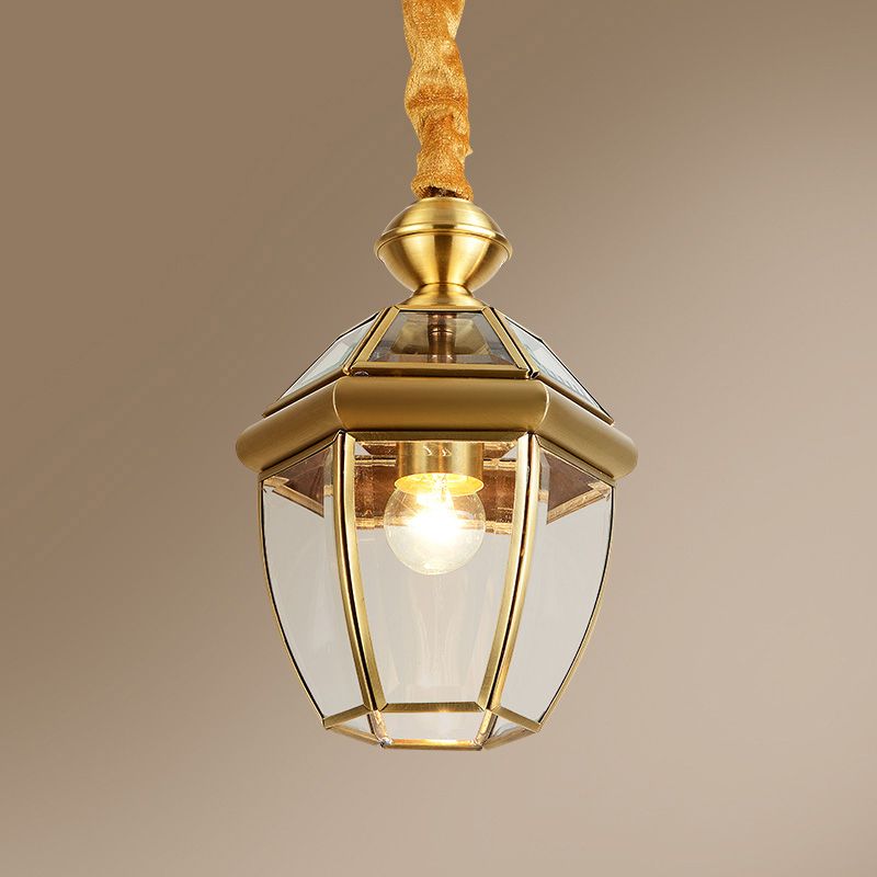 Hexagonal en verre transparent Lantern Pendant rétro Retro 1-Light Halter Hanging Lamp Kit en or