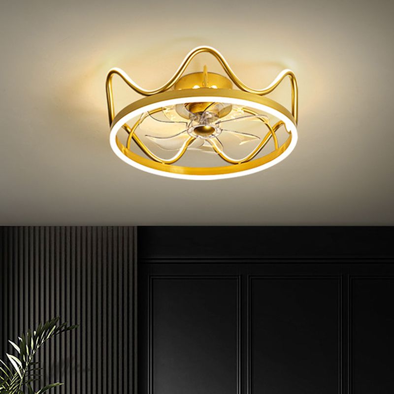 Crown Shape Dinging Room 7-Blade Hanging Fan Light Metallic Modern LED Semi Flush Mount Lamp in Gold/Black, 22" Width